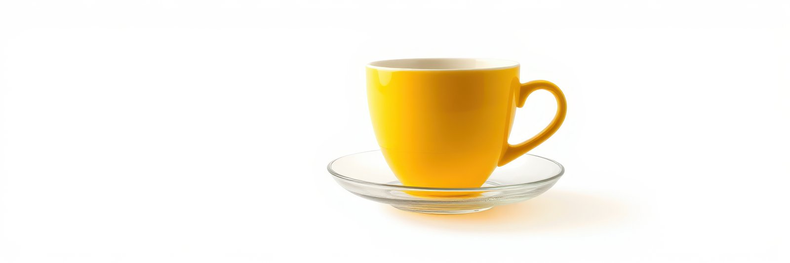 Bright yellow cup on a glass saucer with a minimalistic background showcasing simple elegance